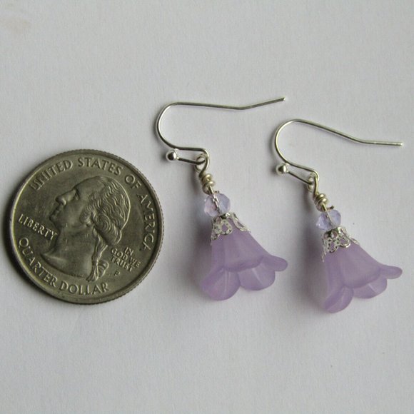 LUCITE FLOWER Earrings PURPLE Dangle Silver Plated - Picture 5 of 5